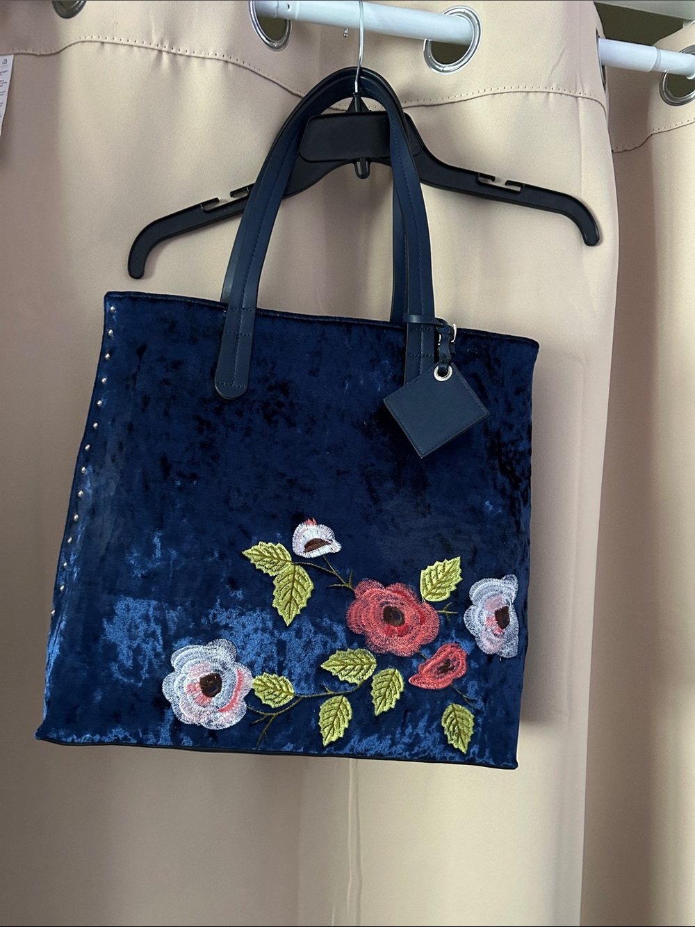 Catherine Malandrino Navy Velvet Tote with Embroidered Floral Motif